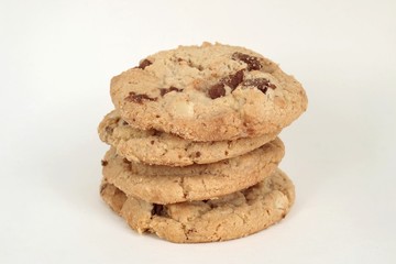 Chocolate chip cookies on white background.