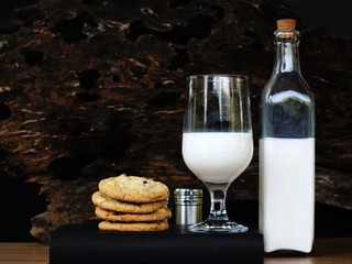 Chocolate chip cookies and milk for snack.