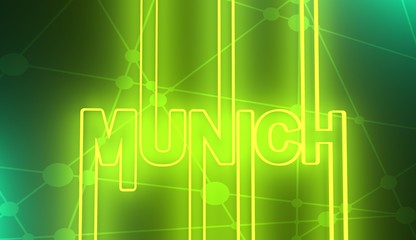 Image relative to Germany travel theme. Munich city name in geometry style design. Creative vintage typography poster concept. Neon bulbs letters. 3D rendering