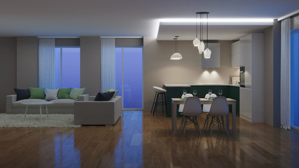 Modern house interior. Evening lighting. Night. 3D rendering.