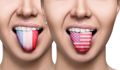 Collage of young woman shows painted tongue with different flags.