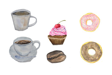 Set of coffee morning watercolor illustrator, coffee, doughnut, coffee bean and cup cake on white background
