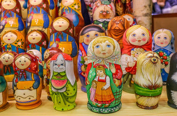 Colorful traditional Russian matryoshka nesting dolls in a souvenir shop in Saint Petersburg Russia