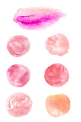 Set of pink red watercolor spots on white background, watercolor hand drawn