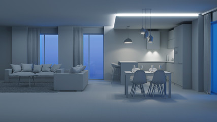 Modern house interior. Evening lighting. Night. 3D rendering.