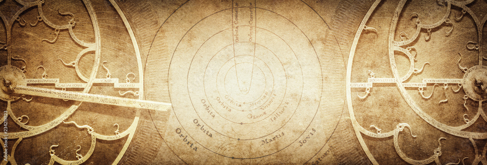 Wall mural ancient astronomical instruments on vintage paper background. abstract old conceptual background on 