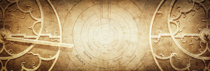 Ancient astronomical instruments on vintage paper background. Abstract old conceptual background on...
