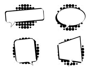 Retro empty comic bubbles and elements set with black halftone shadows on white background © akualip