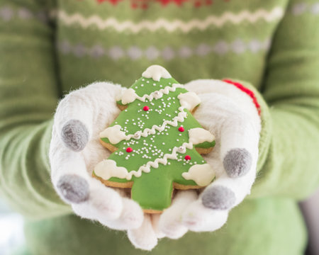 Cookie gingerbread  christmas tree with icing snowflake, winter homemade dessert snack in woman baker's hand in winter glove 