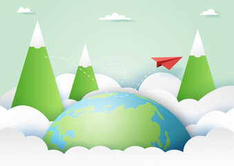 Travel around the world and adventure concept with red paper airplane flying on nature landscape background paper art style.Vector illustration.