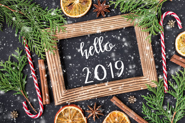 HELLO 2019 greeting card.  New Year and Christmas  concept.