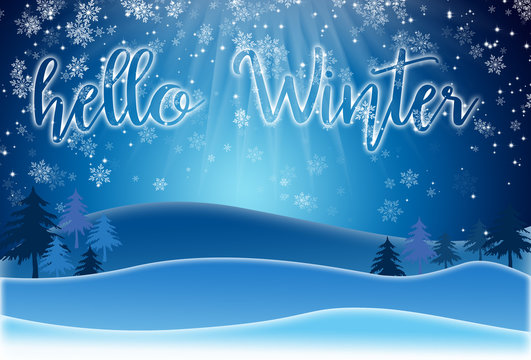 Holiday Greeting Card.  lettering HELLO WINTER on a snowy landsc