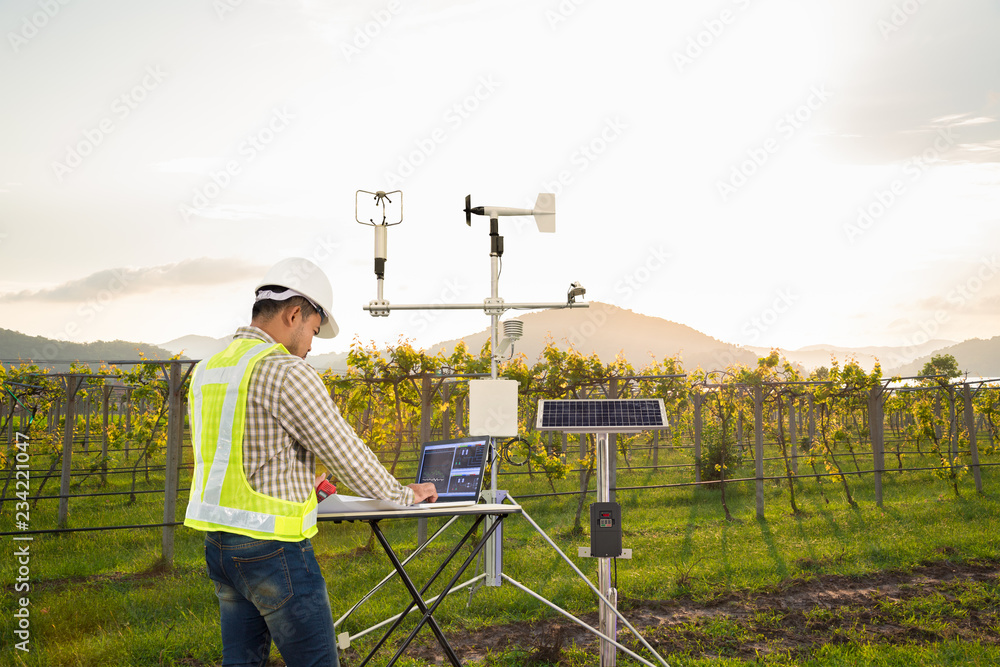 Wall mural engineer use tablet computer collect data with meteorological instrument to measure the wind speed, 