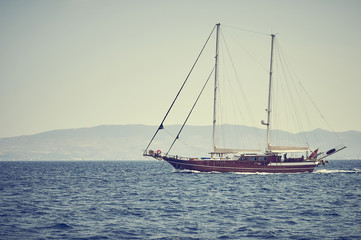 travel on beautiful wooden ship in Aegean sea, Turkey