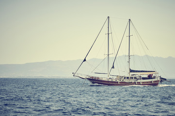 travel on beautiful wooden ship in Aegean sea, Turkey