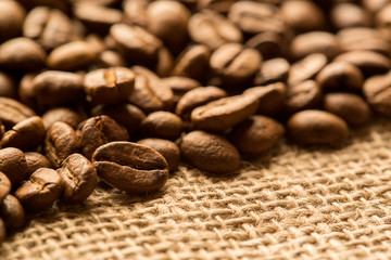 Coffee beans. Dark background with copy space, close-up
