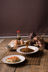 dinner with chinese dishes with dessert and bakery