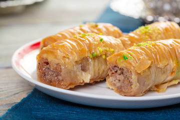 Handmade baklava, traditional turkish pastry close up