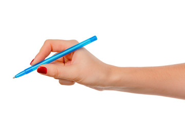 Female hand holding pencil isolated on white background