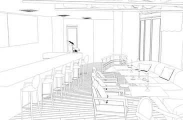 restaurant, 3D illustration, sketch, outline