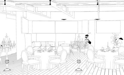 restaurant, 3D illustration, sketch, outline