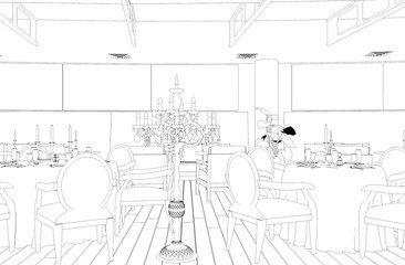 restaurant, 3D illustration, sketch, outline