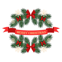 Christmas decoration with fir branches, bows, snowflake, ribbon. Merry Christmas.
