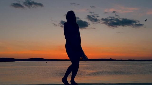 Silhouette Of A Woman Posing At Camera On Background Of Sunset
