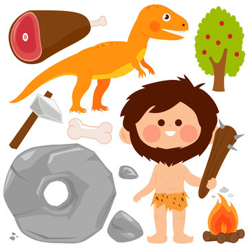 Prehistoric vector set with a caveman and a dinosaur. Vector illustration