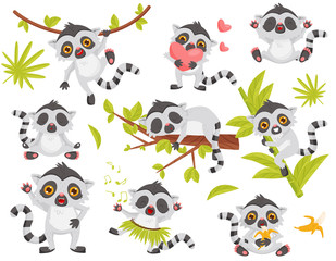 Flat vector set of cute lemur in different actions. Exotic animal with long tail and big shiny eyes - obrazy, fototapety, plakaty