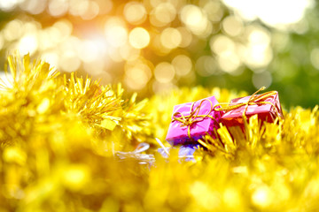 Gift box golden on Merry Christmas and Happy new year concept design for texture background copy...