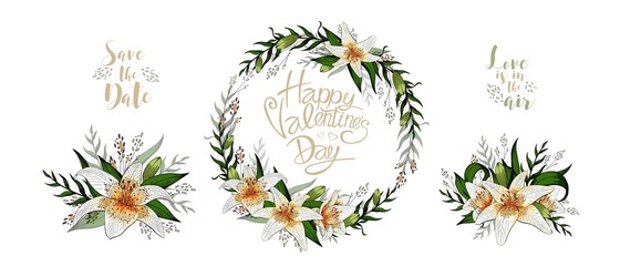 Happy Valentines day romantic greeting postcard tiger lily flowers and lettering