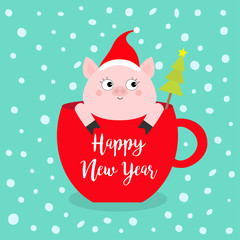 Happy New Year 2019. Pig sitting in red coffee cup teacup. Fir tree. Santa hat. Face and hands. Cute cartoon character. Hello winter. Merry Christmas. Snowflake. Blue background. Flat design.