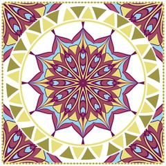 Ornamental floral print with color mandala. For design of carpet, shawl, pillow, cushion. Vector illustration