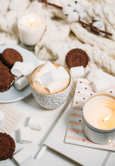 Cozy home winter arrangement, cocoa with marshmallows, homemade 