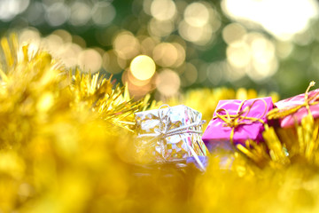 Gift box golden on Merry Christmas and Happy new year concept design for texture background copy...