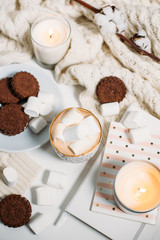 Cozy home winter arrangement, cocoa with marshmallows, homemade 