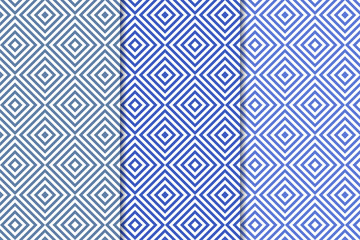 Blue geometric ornaments. Set of seamless patterns
