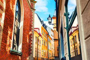 Beautiful street with colorful buildings in Old Town, Stockholm, Sweden