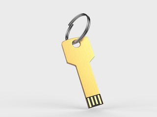 Blank white pen drive mock up on light grey background, 3d render illustration