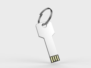 Blank white pen drive mock up on light grey background, 3d render illustration