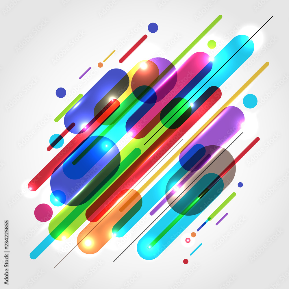 Poster abstract motion dynamic composition made of various colored rounded shapes lines in diagonal rhythm 
