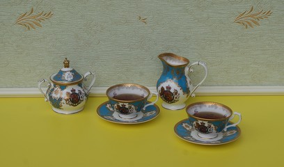 tea for two, english teacups with saucers, sugar bowl and cream jug, fine bone china porcelain