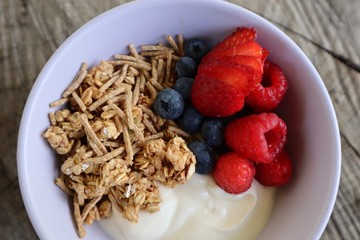 Healthy Breakfast with Fruit, Cereal and Yoghurt