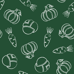 Fresh vegetable chalk contour seamless pattern. Retro style trendy background ornament with chalk silhouette vegetables on green chalkboard. Seamless vector illustration for vintage wallpaper pattern