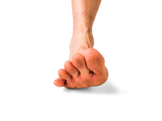 Close up dirty feet isolated white background