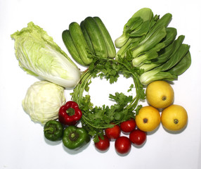 Variety of vegetables on a white background and beautiful spruce, illustrated.