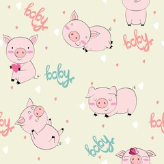 hand drawn vector seamless pattern with pigs.