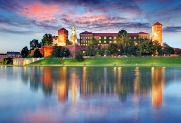 Wawel hill with castle in Krakow at night, Poland