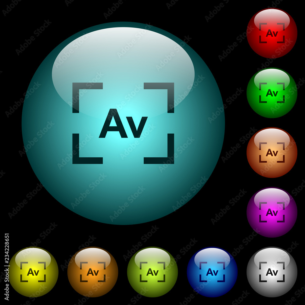 Poster camera aperture value mode icons in color illuminated glass buttons